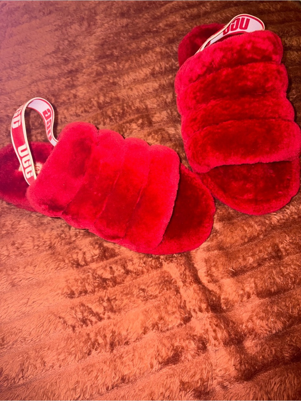 UGG Kids Red Plush Slide Sandals with Branded Back Strap